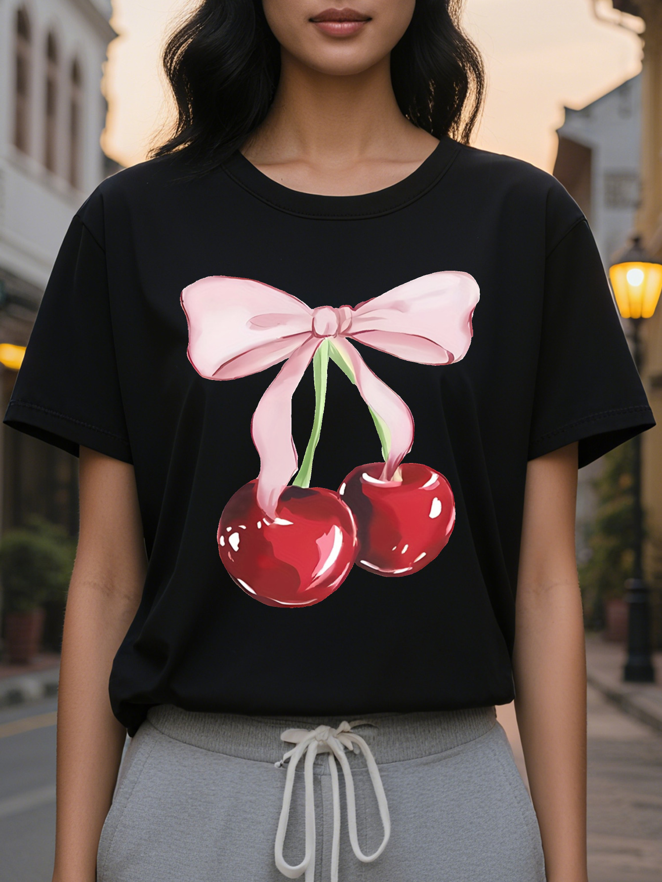 Women s short sleeved T shirt with cherry bow, slim translucent top, round neck, and summer washable white casual dress