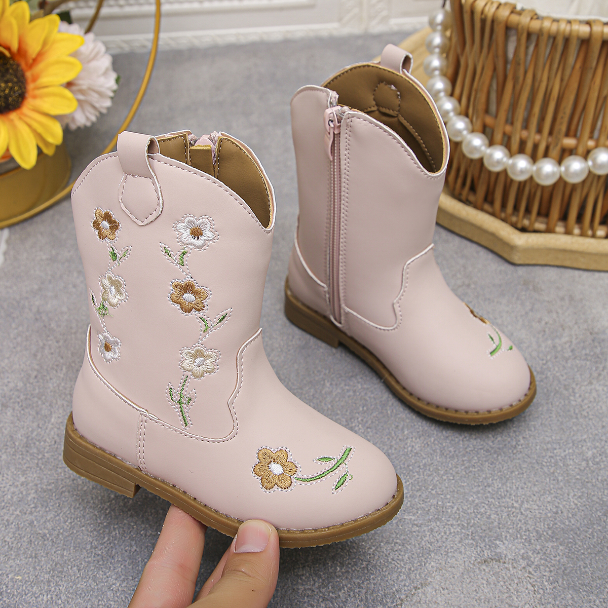 Floral Western Boots - New Style Round-Topped Thick-Heeled Unique Long Boot