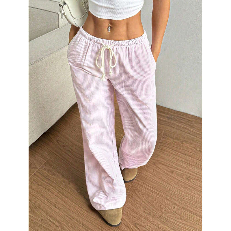 2025 New Summer Striped Straight-Leg Pants Casual Versatile Tie Fashion Loose Wide-Leg Women
