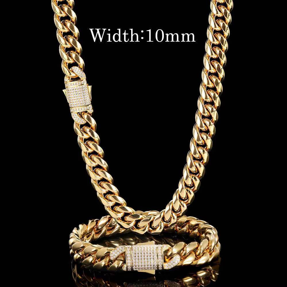Hip Hop Fashion Jewelry 1012mm Stainless Steel Cuban Chain Inlaid Moissanite Diamond with Spring Buckle Mens Trend Accessory Pearl