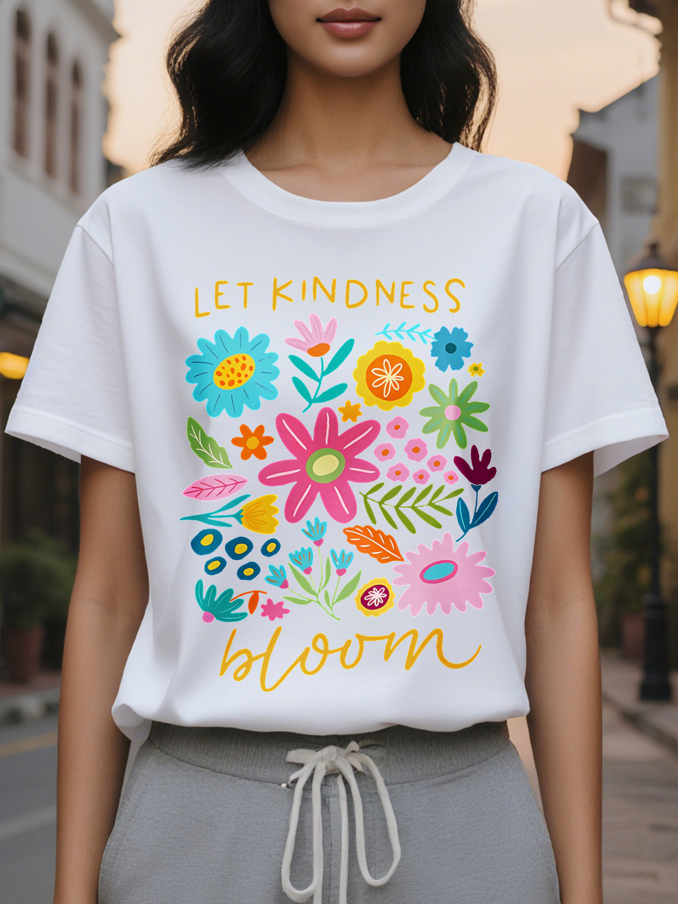 Large XL Women S Casual Floral Print T-Shirt Let Kindness Bloom Design with Vibrant Flowers Short Sleeve Crew Neck Perfect Plus Size