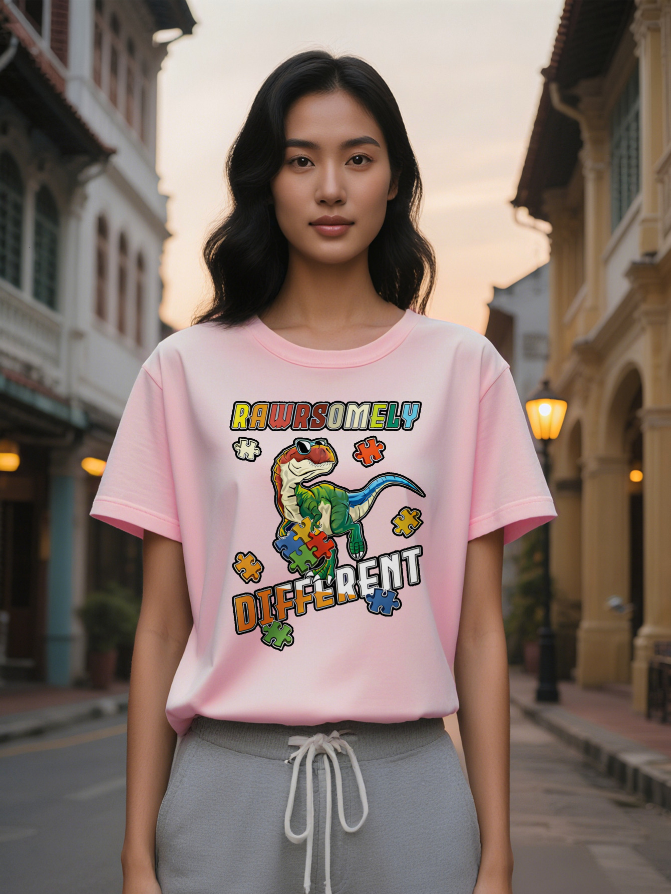 Large XL Women's Casual Graphic T-Shirt with Dinosaur Puzzle Block Print Black Round Neck Short Sleeve Tee Breathable Summer Top Plus Size