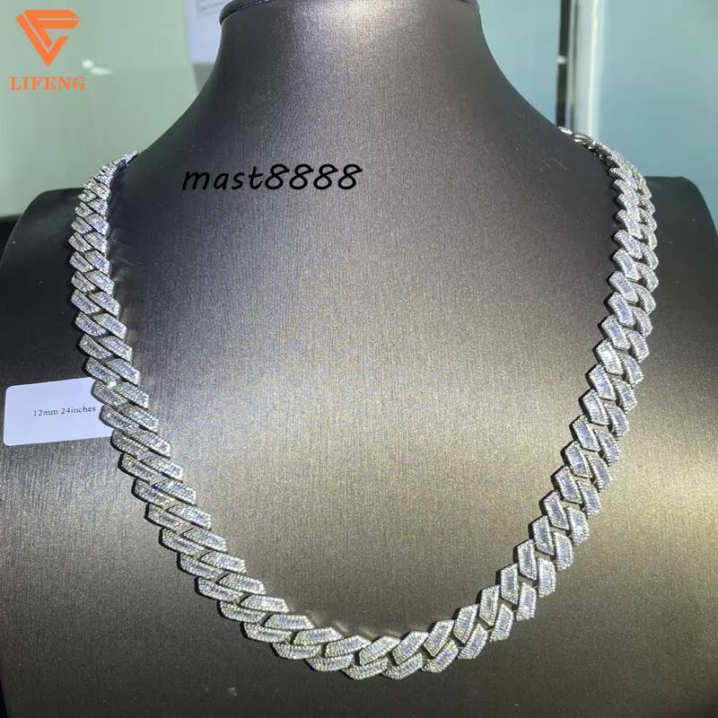 925 Sterling Silver Iced Out 12MM Baguette Miami Hip Hop Cuban Link Chain with Pass Diamond Tester Moissanite Necklaces
