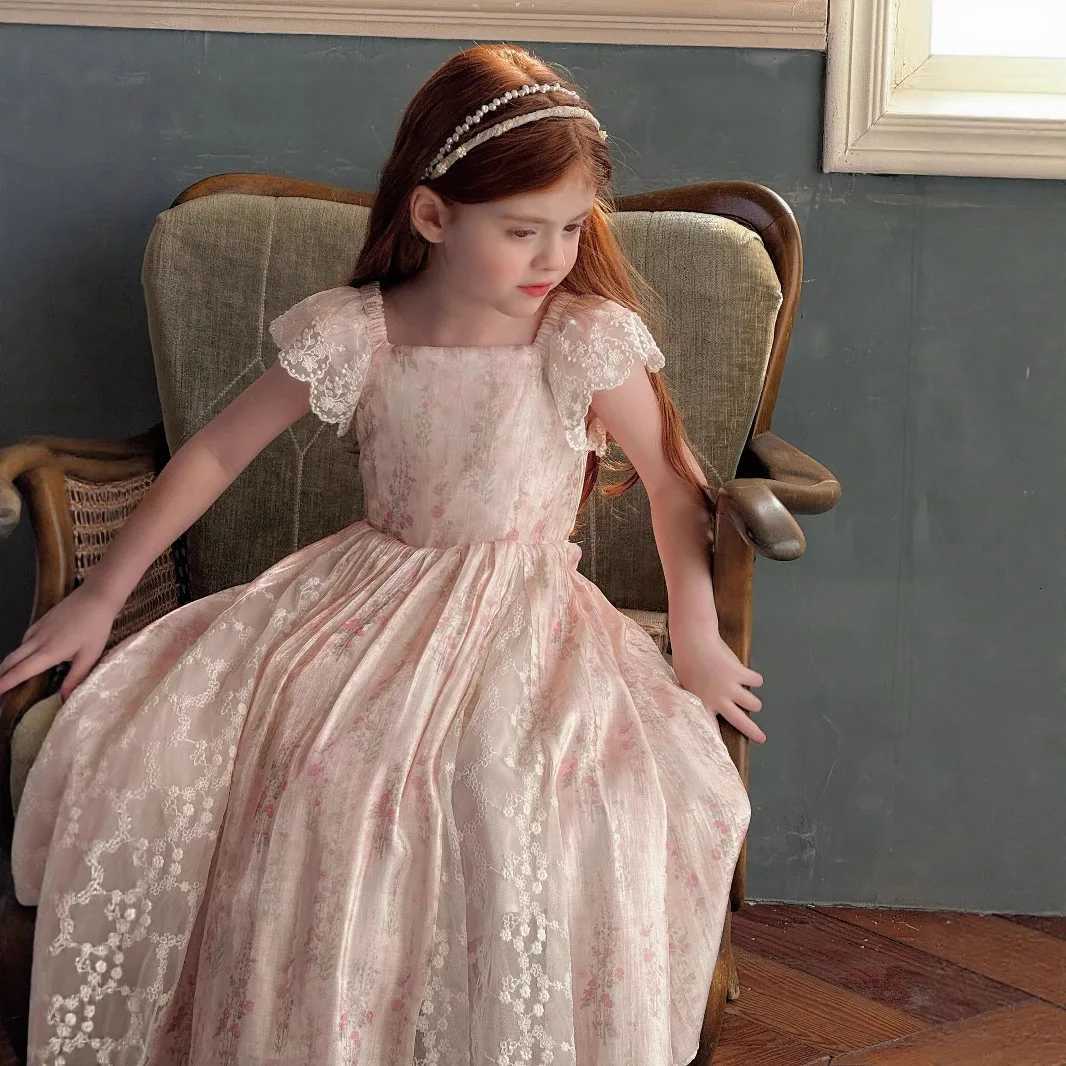 2025 Summer New Girls Floral Lace Flying Sleeve Dress Sweet Lace Patchwork Dress Forest Style Princess Dress Z250904