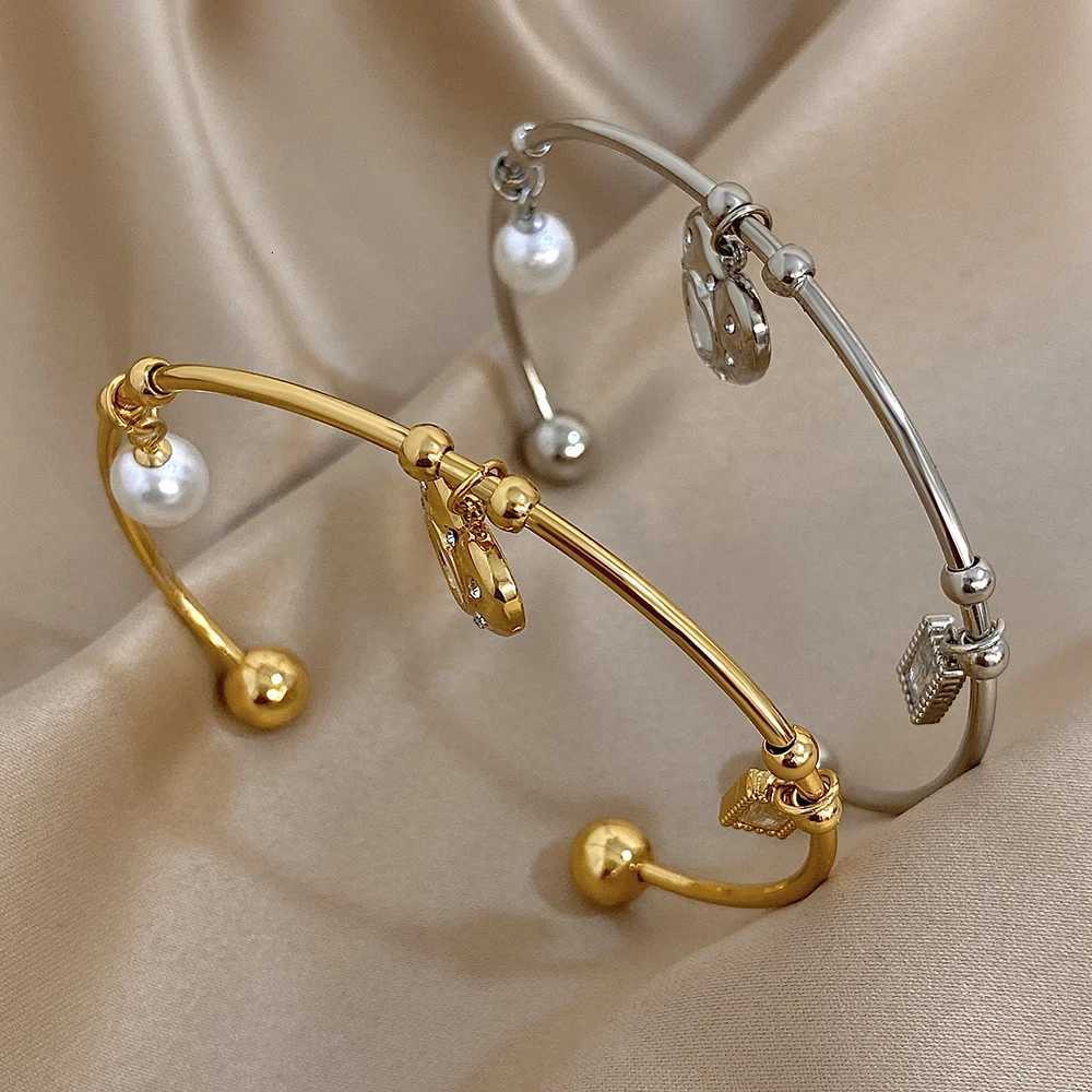 Fashion Pearl Zircon Charms Cuff Bangles for Women Unique Gold Silver Color Stainless Steel Open Bracelets Jewelry Gifts Y250904
