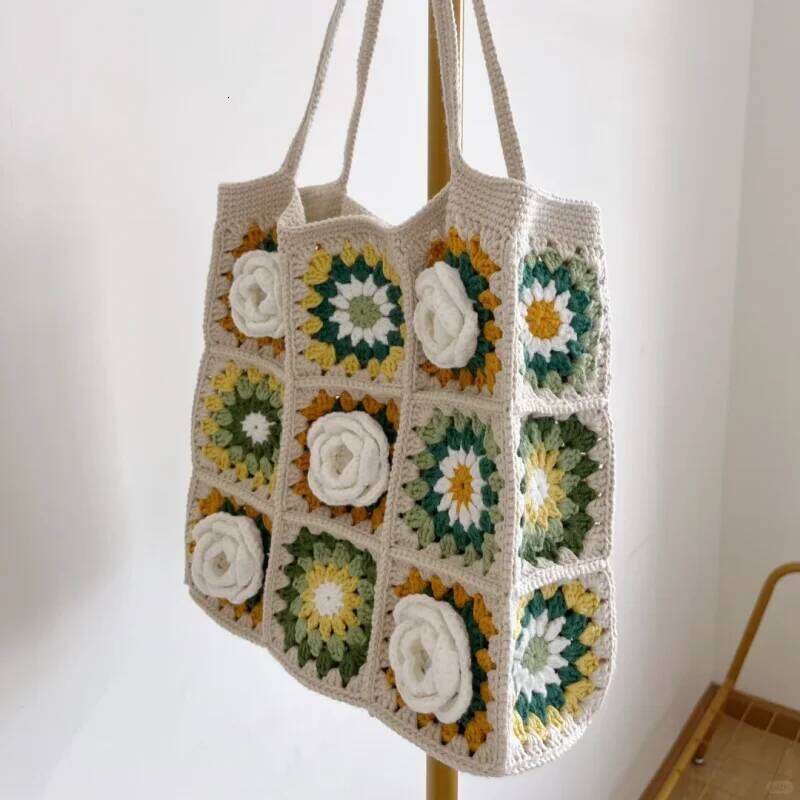 Handmade crochet patchwork shoulder bag, blue and white pattern handbag, Chinese cultural style women's shopping bag with lining