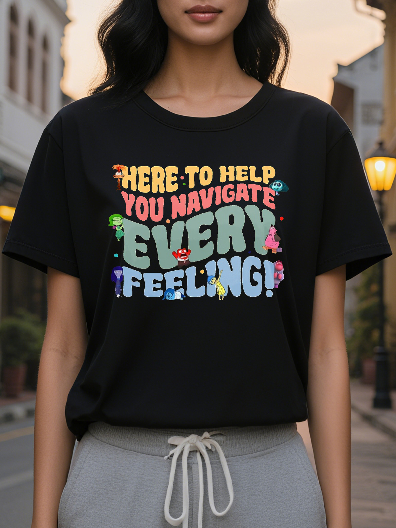 HERE TO HELP American Print Pattern Spring and Summer New Fashion Round Neck T-shirt Slim Fit Slimming Women's