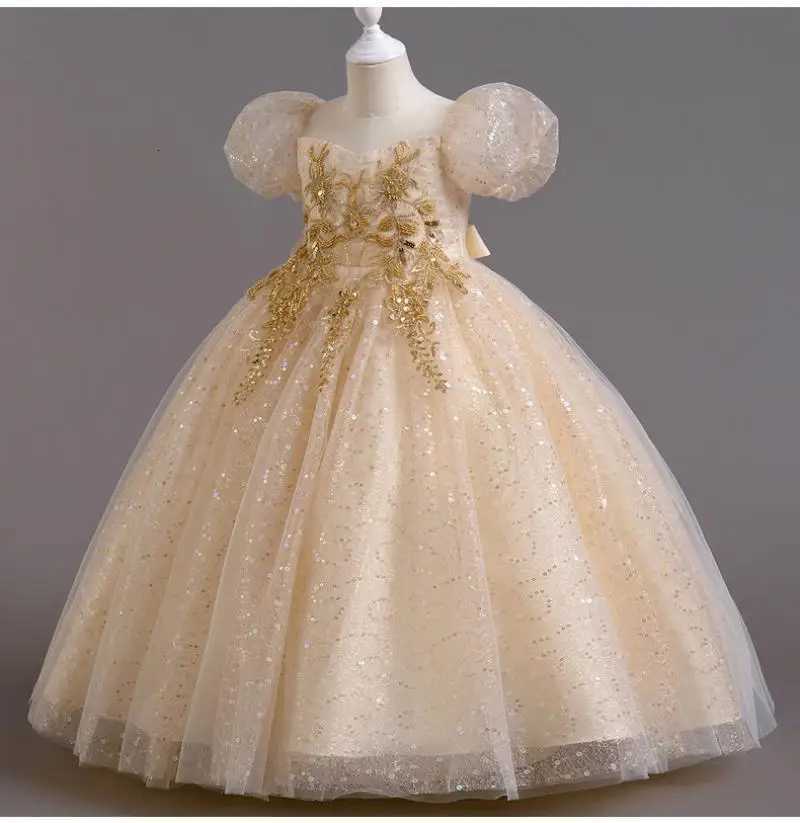 Youth Girls Summer New Sequin Sticker Bubble Sleeve Long Mesh Fluffy Skirt Piano Competition School Graduation Ceremony Dress Z250904