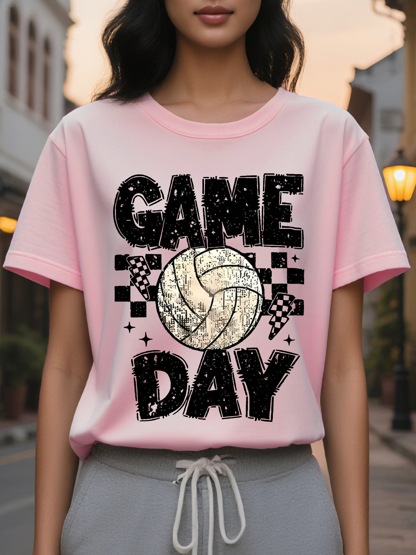 Match Day Women s T shirt Volleyball Plaid Printed Short Sleeve Spring and Leisure Loose Fit Washable Sportswear