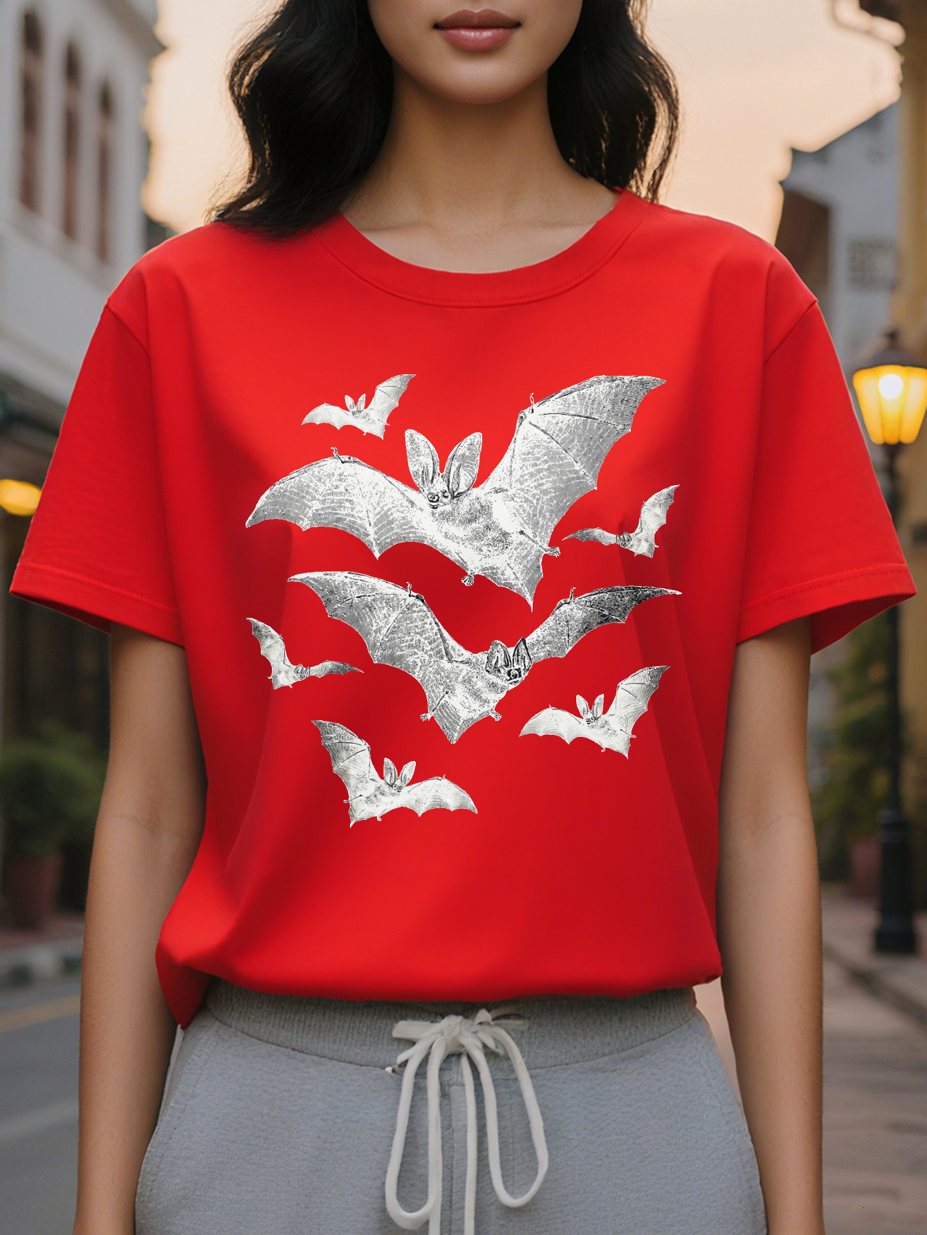 Large XL Vibrant Bat Print Crew Neck T-Shirt Women's Casual Short Sleeve Tees Spring Summer Comfortable Relaxed Fit Soft Plus Size