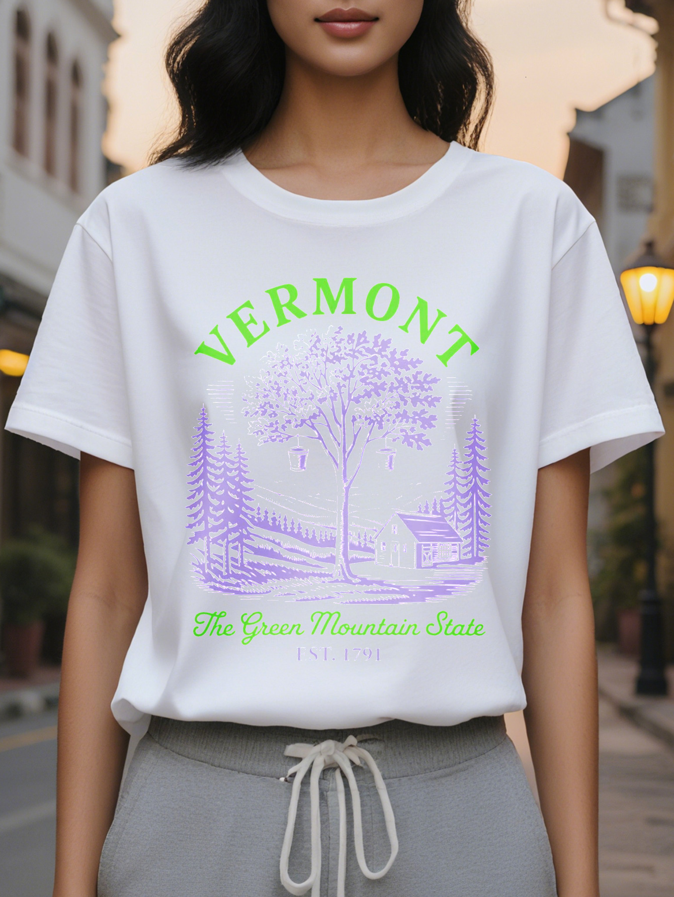 Women's Elegant Vermont Inspired Sleeve T-Shirt Comfortable Autumn Winter Crewneck Top with Maple and Mountains Motif Printed