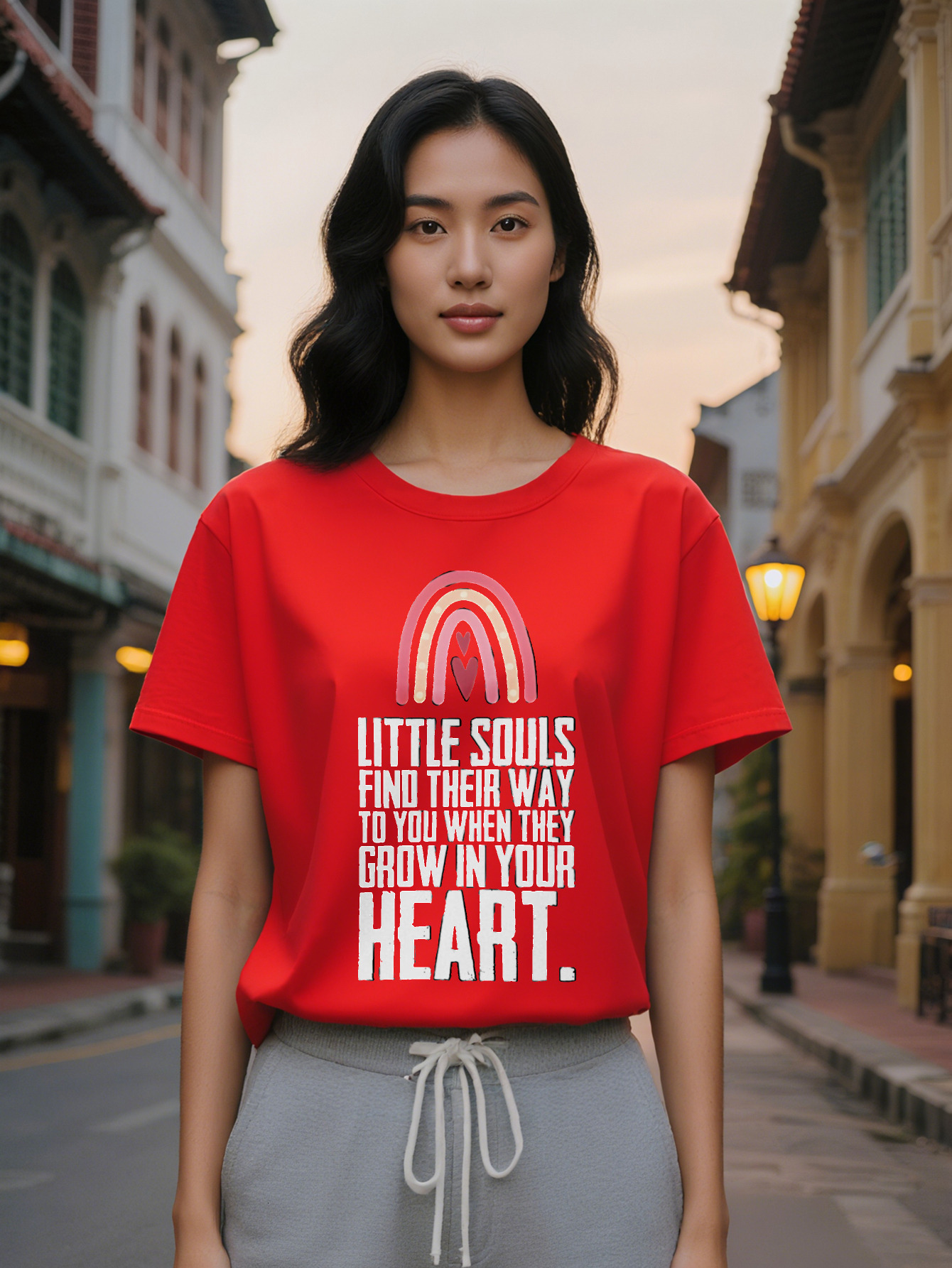 ladys Casual Versatile Round Neck T-Shirt with Rainbow Heart Print Design a Great Gift for ladies