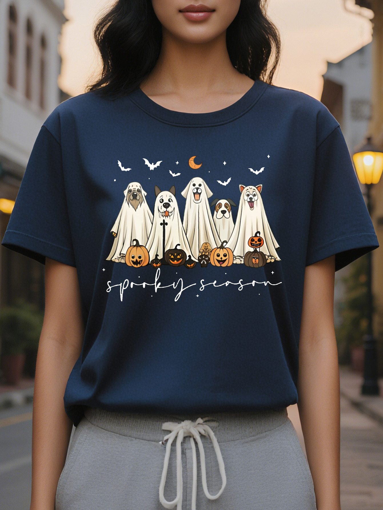 Women s Halloween Dog Print Sweatshirt Dark Green Cozy Round Neck Pullover with Spooky Season Lettering Fall Outfit