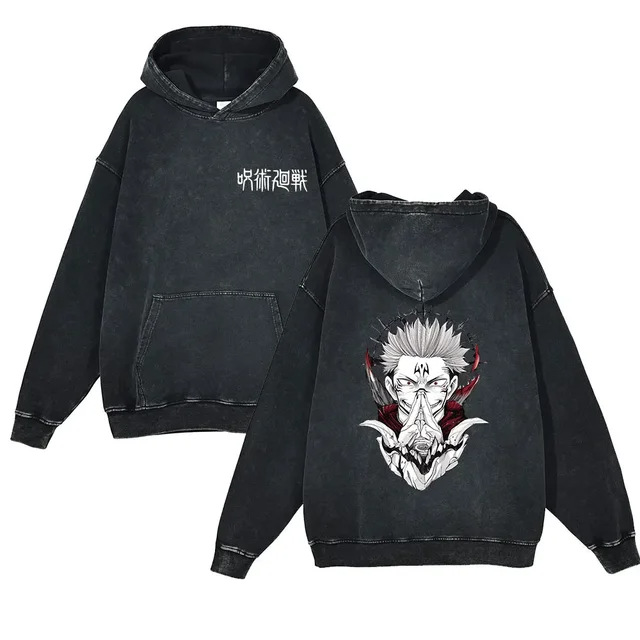 440g Heavyweight Washed Vintage Jujutsu Kaisen Anime Battle Retro Cotton Hoodie Streetwear - VT1673