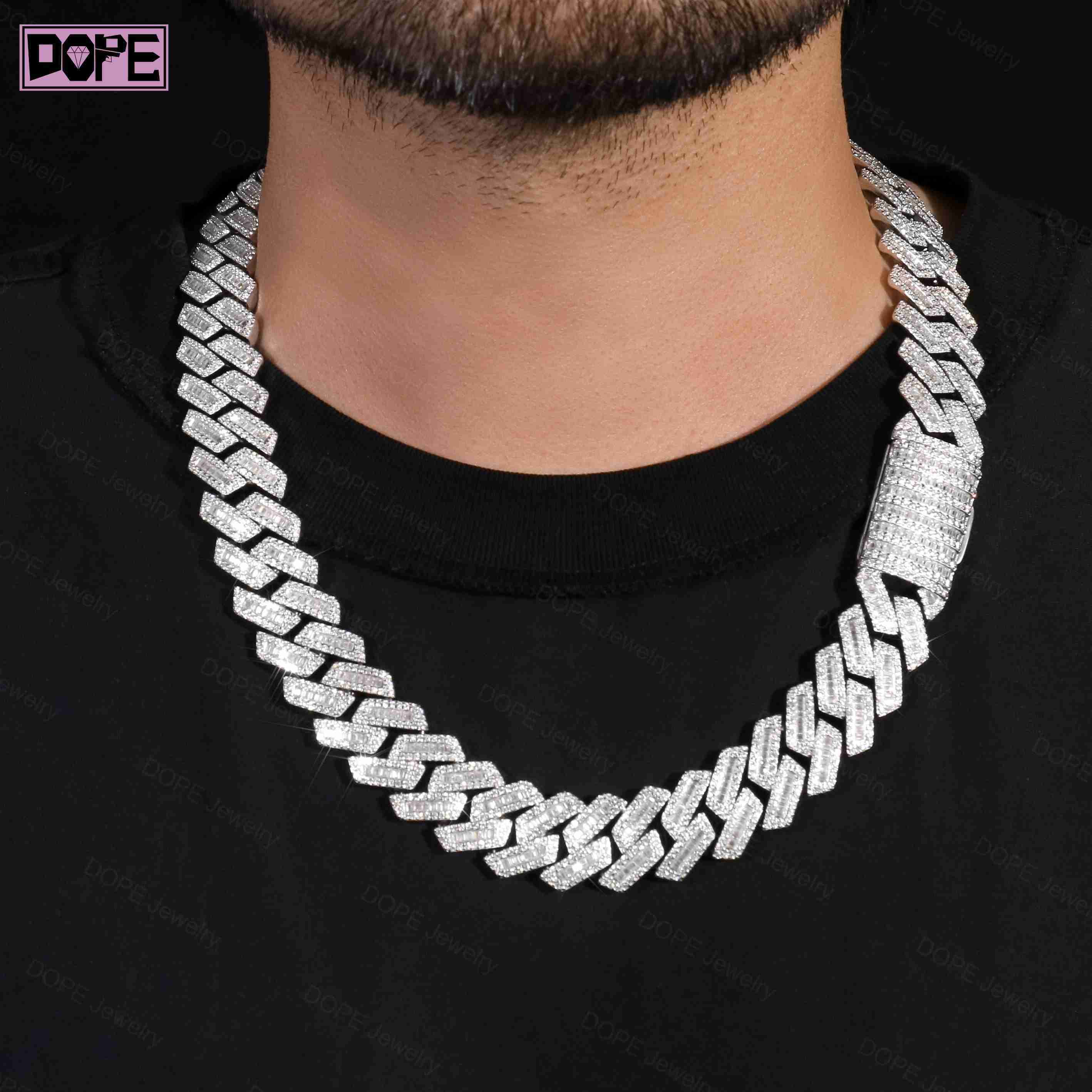 GRA Certified 15mm Moissanite Chain Iced Out Clasp VVS 925 Silver Rhodium Plated Moissanite Cuban Chain