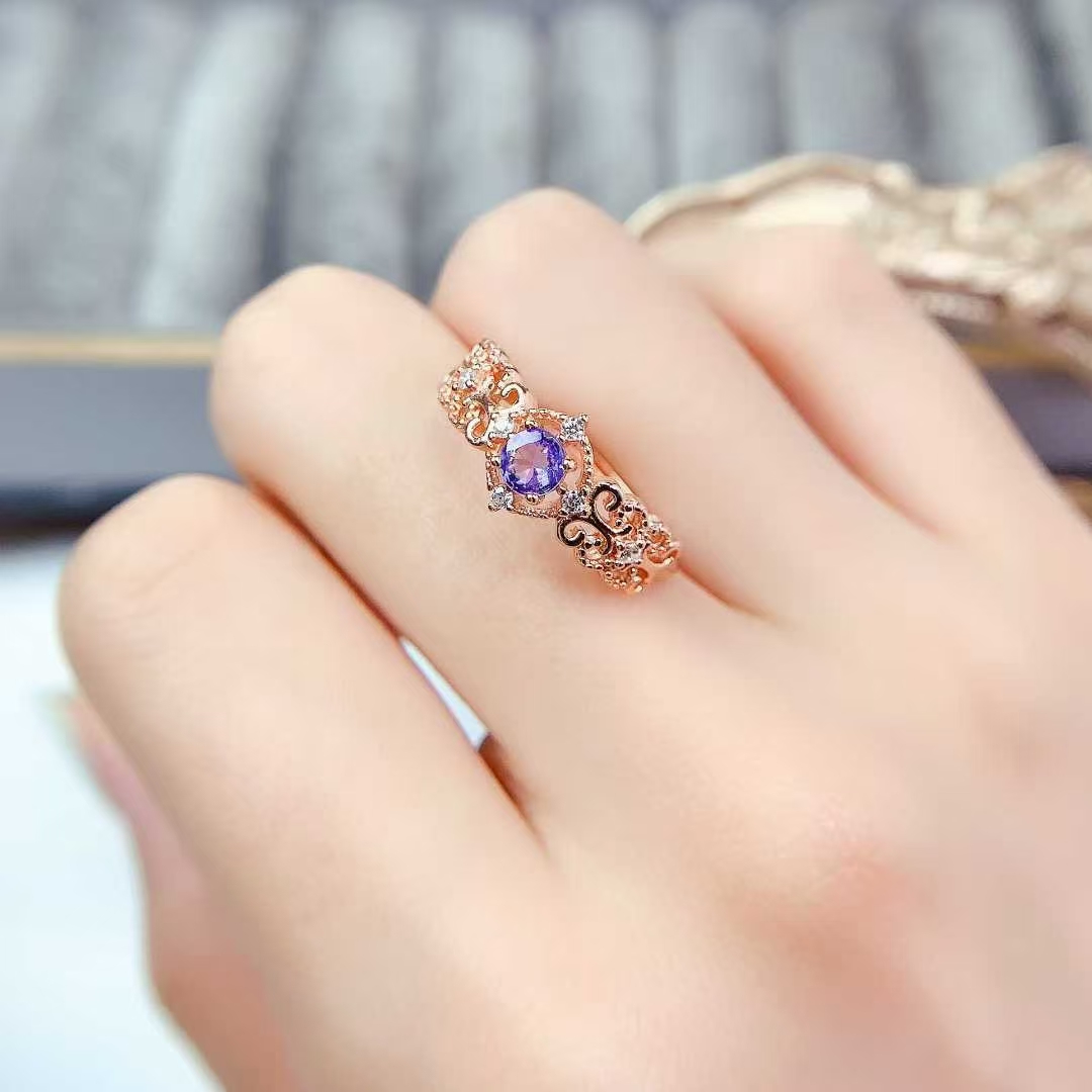 925 silver lace design ring natural tanzanite ring 4mm real tanznaite jewelry 18K gold plated sivler gemstone jewelry