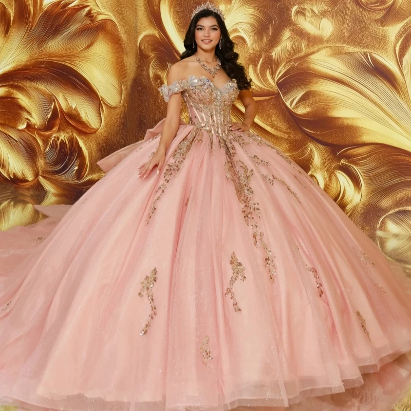 Pink Shiny Quinceanera Dresses Ball Gown Off The Shoulder Gold Applique Beading Crystal Bow Corset Tull Sweet 16 Dress Vestidos 15 De Anos