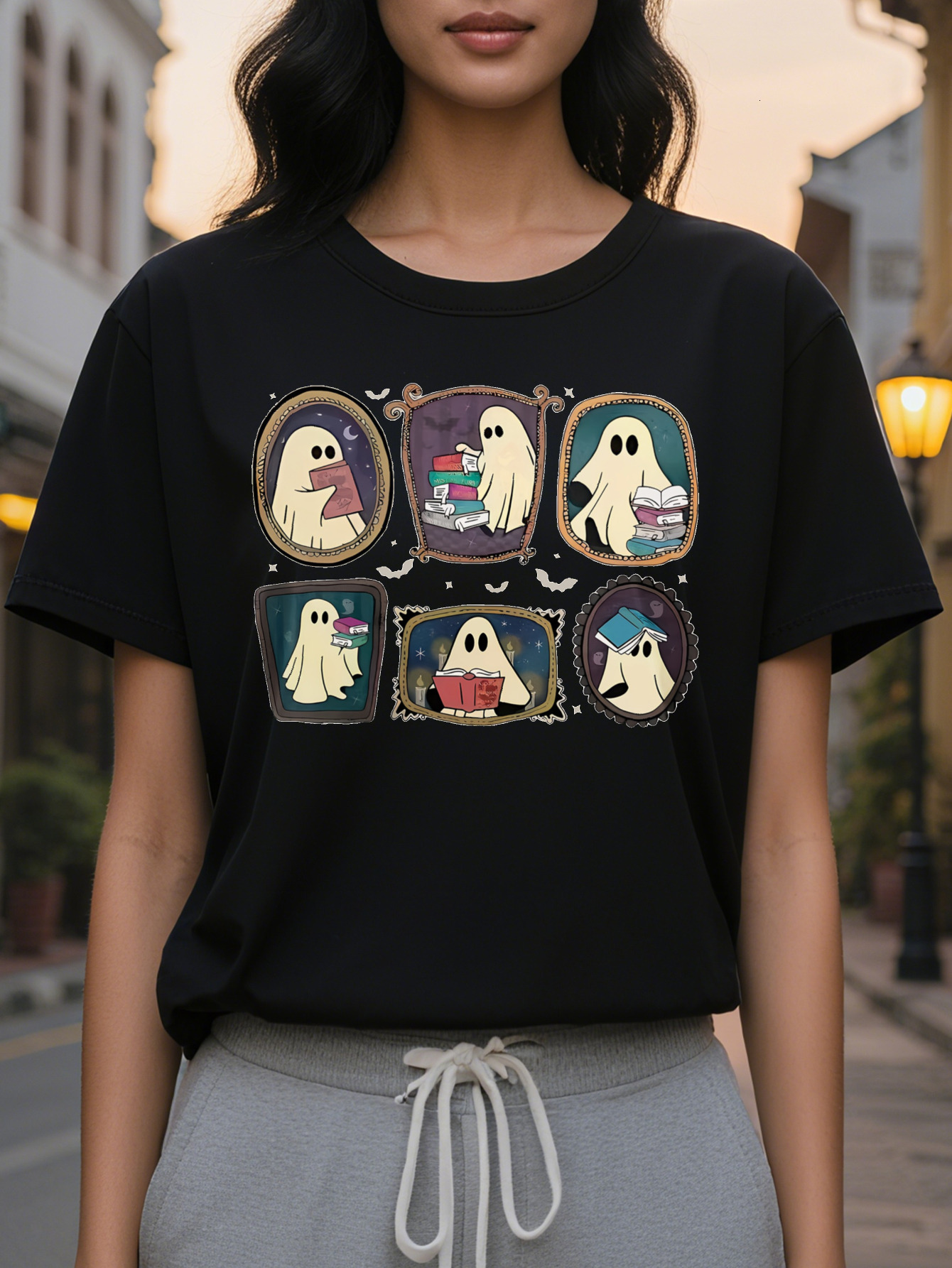 Large XL Women S Graphic T-Shirt Cute Ghosts in Grid Layout Dark Gray Casual Halloween Party Top Lightweight SpringSummer Tee Plus Size