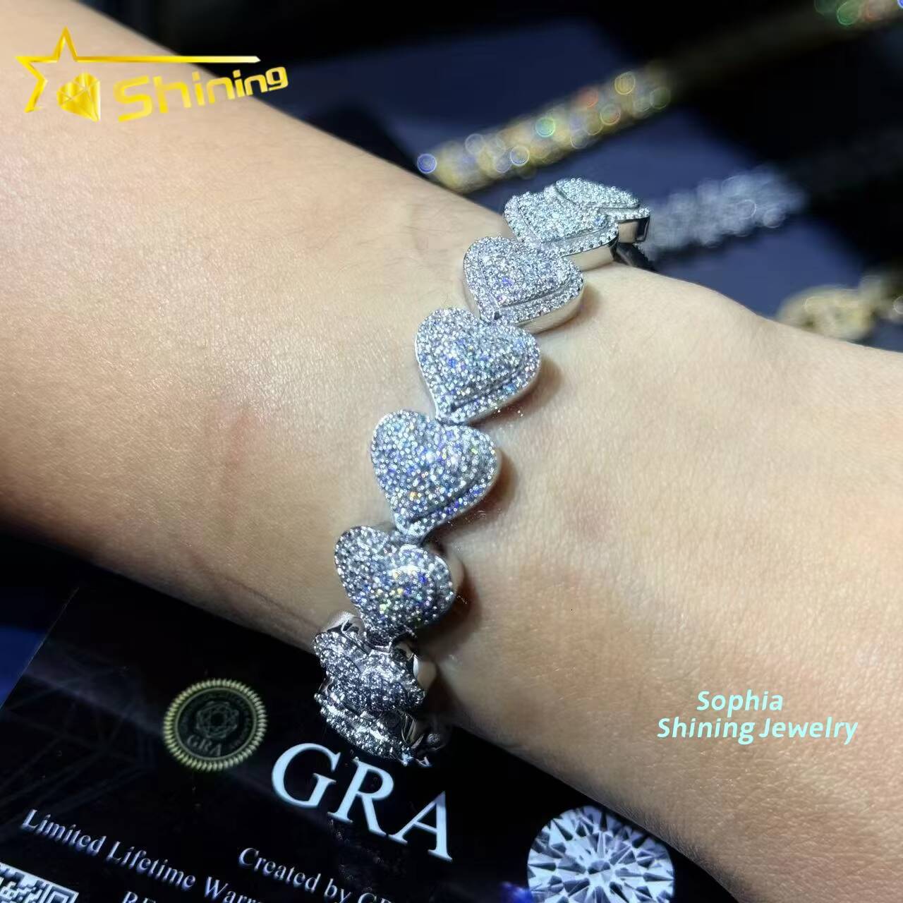 13mm Heart Shape Cuban Chain Bracelet Vvs Moissnaite Iced Out Hip Hop Jewelry VVS Moissanite Bracelet Valentines Day Gift