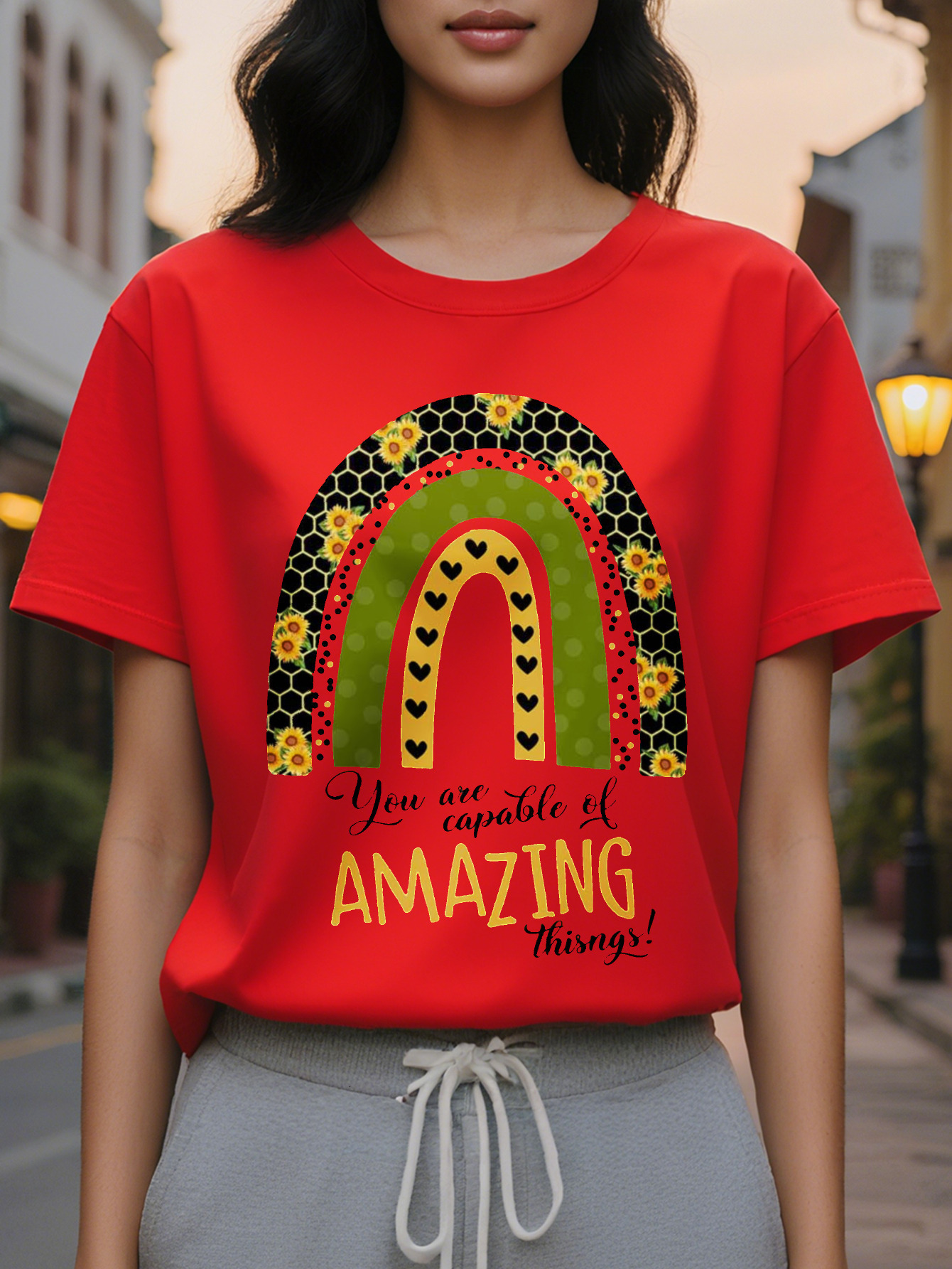 Women's T-shirt with design 'You Have the Ability to Do Amazing Things', featuring a rainbow floral pattern, round neck, and autumn sle