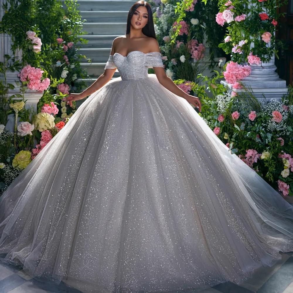 Bling Sparkly Pleats Ball Gown Wedding Dresses Delicate Glittering Off Shoulder Short Sleeves Bridal Gowns Vestidos De Novia Customed