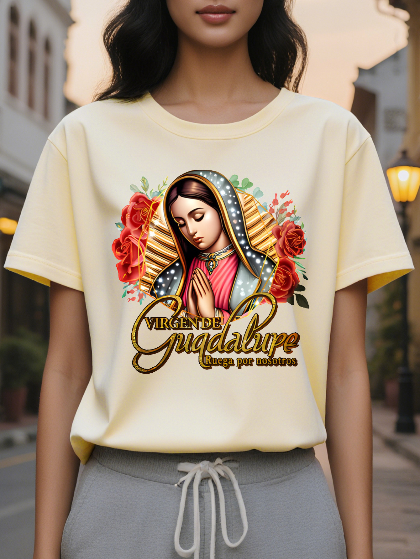 Women S Virgin Religious T-Shirt Soft Pink Faith Based Tee with Our Lady of Guadalupe Prayer Round Neck Casual Everyday