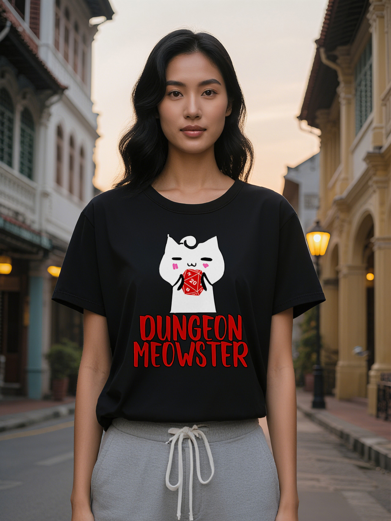 Lady Casual Graphic T-Shirt Black Round Neck Tee with White Cartoon Red Dice Print D Inspired Dungeon Meowster