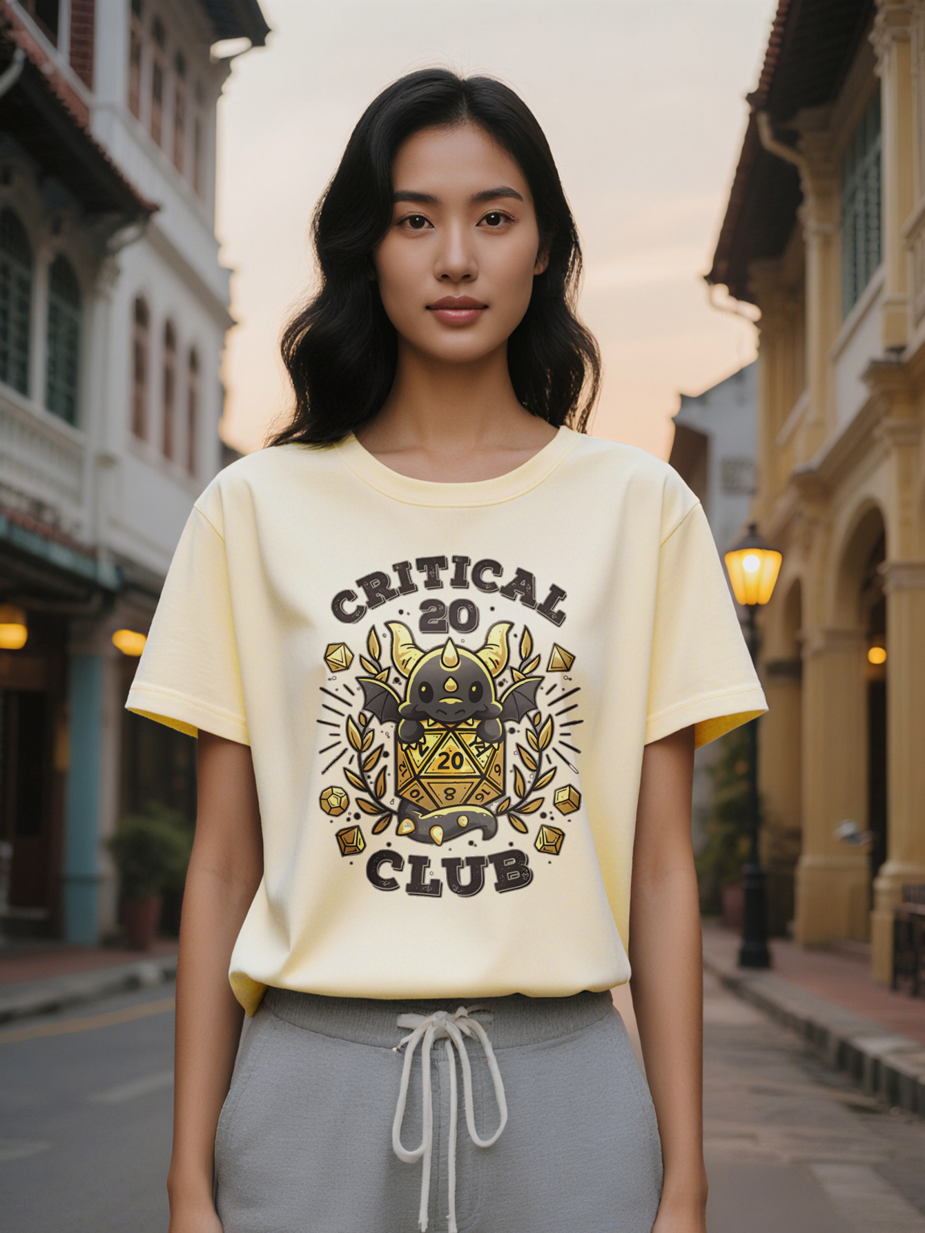 Lady Casual Graphic T-Shirt Black with Yellow Monster Wings d Critical Club Print Summer Round Neck Tee for