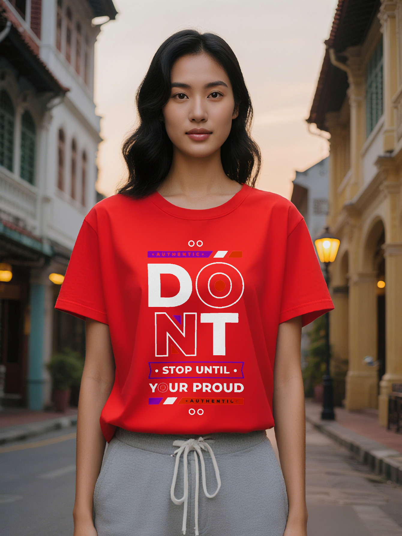 Lady Graphic T-Shirt Black with Red White Motivational Lettering Print Round Neck Summer Tee Regular Fit