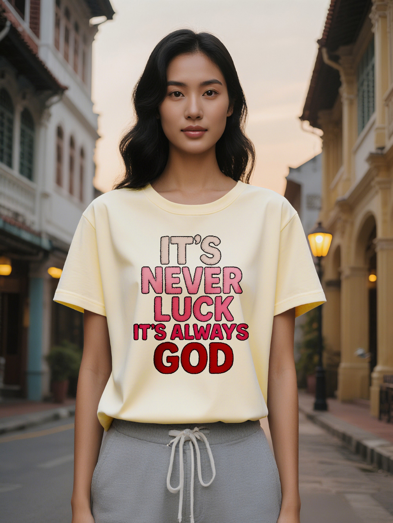 Large XL Lady Graphic T-Shirt with Never Luck It's Always God Print Black Light Pink Lettering Round Neck Summer Tee for Women Plus Size