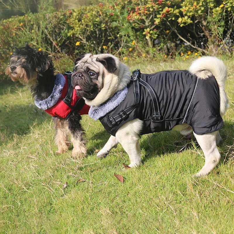 Waterproof Dog Clothes with Harness for Medium Large Dog Winter Warm Fur Collar Pet Dog et Reflective French Bulldog Costume W250904