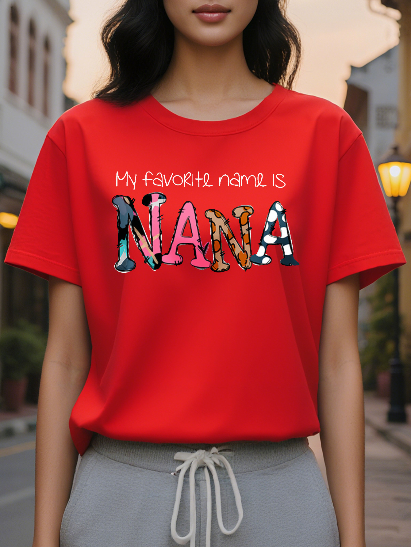 Women's casual sleeve T-shirt printed with the word NANA, spring and autumn slim top cotton