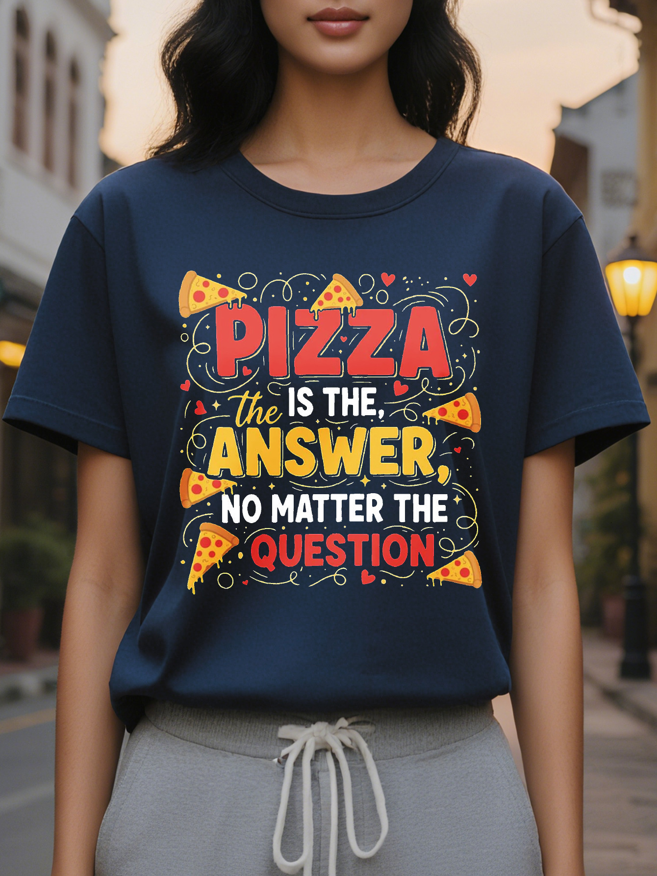 Women's Funny Lover Pattern is the Answer Bold Red and Yellow Letters Soft Everyday Casual T-Shirt Pizza