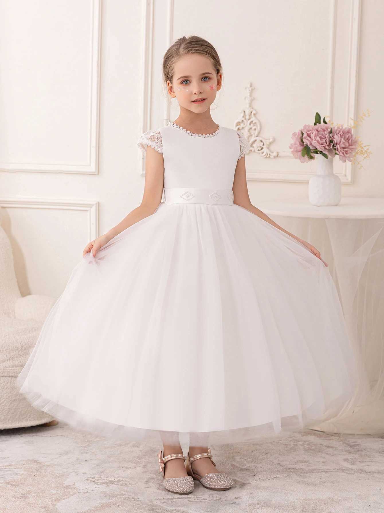 Girls Wedding Flower Childs White Puffy Gauze Long Skirt with a Hollow Lace Back Dress Z250904