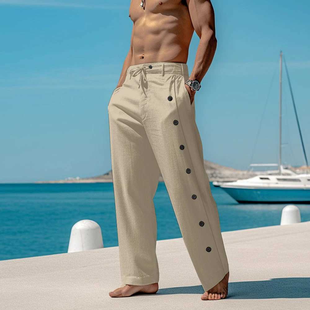 2024 Men Elegant Triple Buttons Cotton Linen Pants Solid White FullLength Trouser Plus Size Mens Casual Drawstring SweatpantsXJ250904