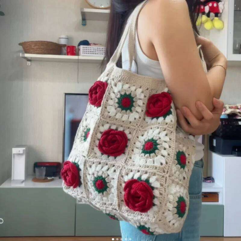 Handmade crochet patchwork shoulder bag, blue and white pattern handbag, Chinese cultural style women's shopping bag with lining