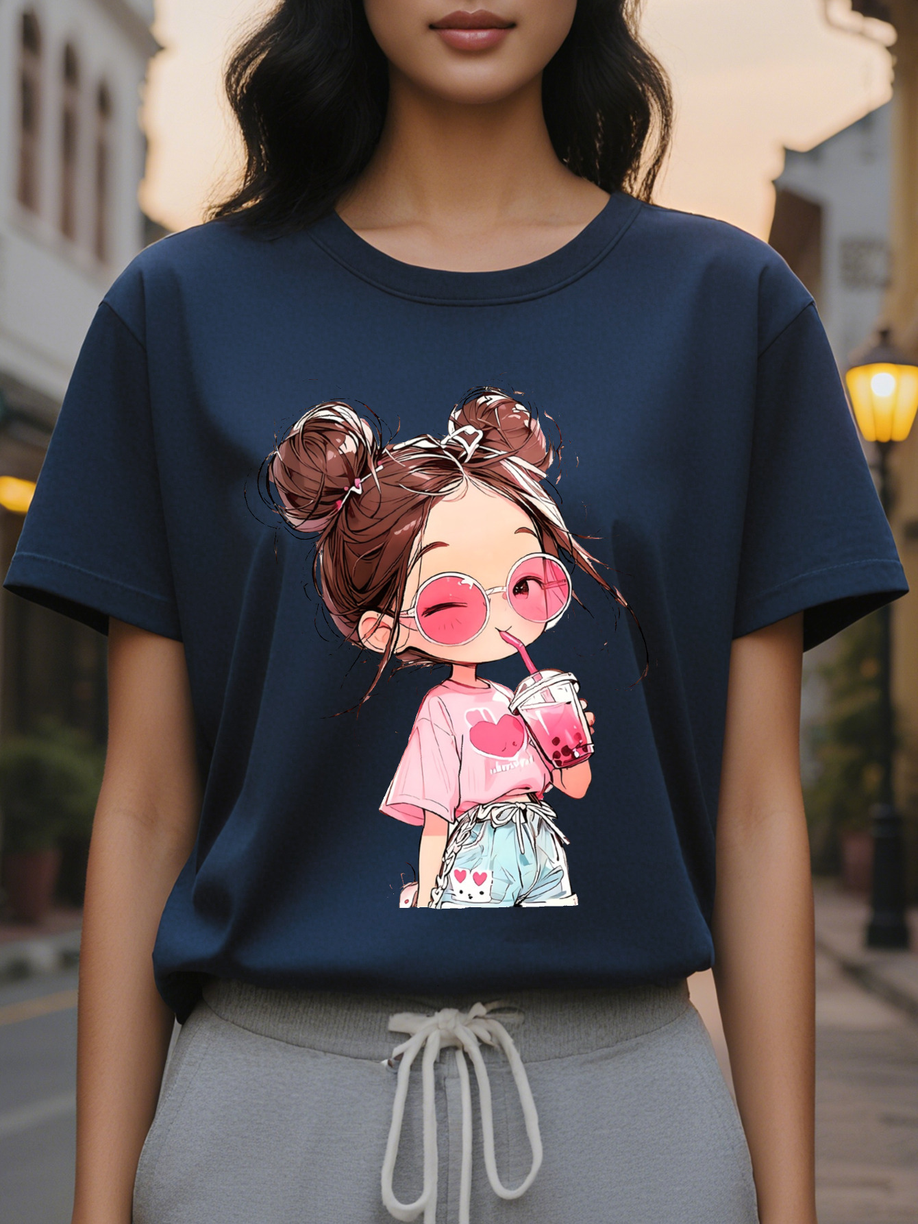 Large XL Women's Short Sleeve T-Shirt Cute Cartoon Print with Heart Glasses Drink Breathable Semi Sheer Round Neck Medium Plus Size