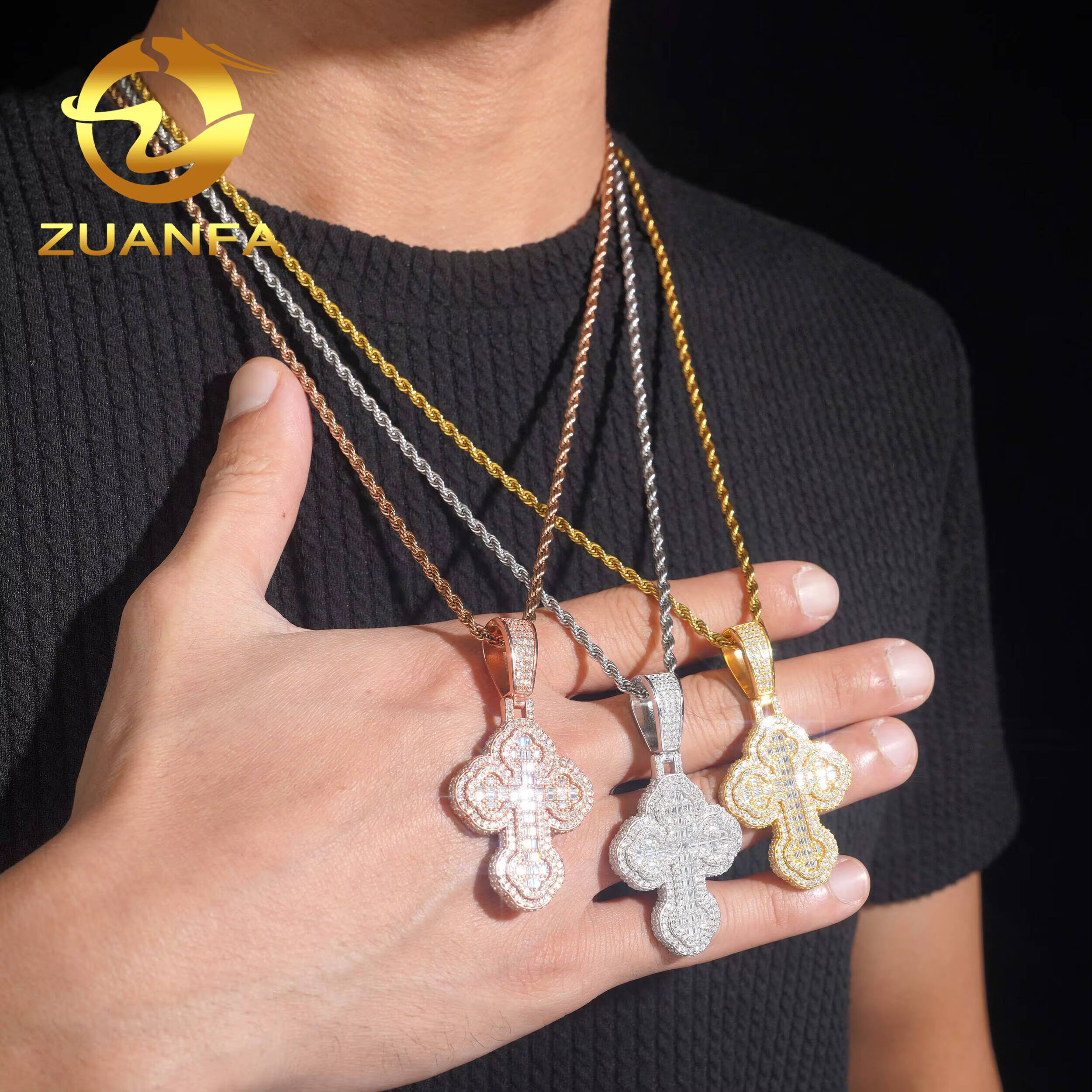 Ready Shipping Hip Hop Jewelry Cross Moissanite Pendant Silver 925 Iced Out Moissanite Iced Out Cross Pendant With Rope Chain