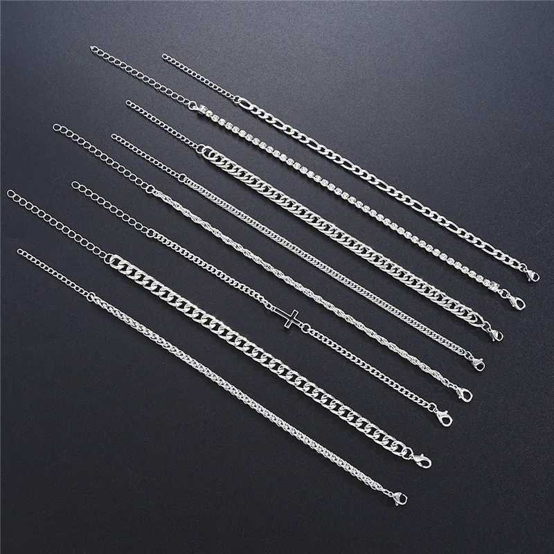 8 pcs Stainless Steel Cuban Chain Bracelet for Men Women Figaro Vintage Metal Viking Kpop Pulseras Luxury Cross Jewelry Gift W250904