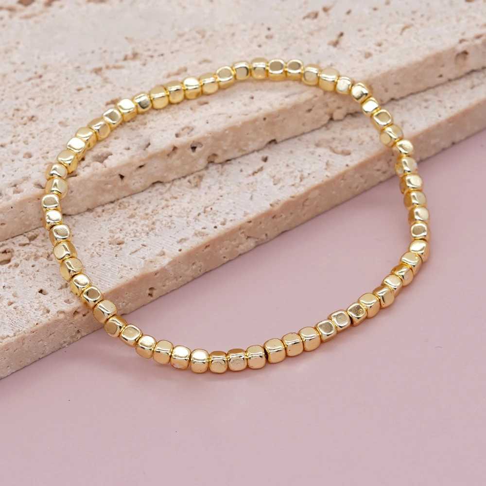1PC Square Hematite Stone Bracelets Golden Beaded Stacking Elastic Stretch Handmade Fashion Unisex Jewelry Haii TrenXJ250904