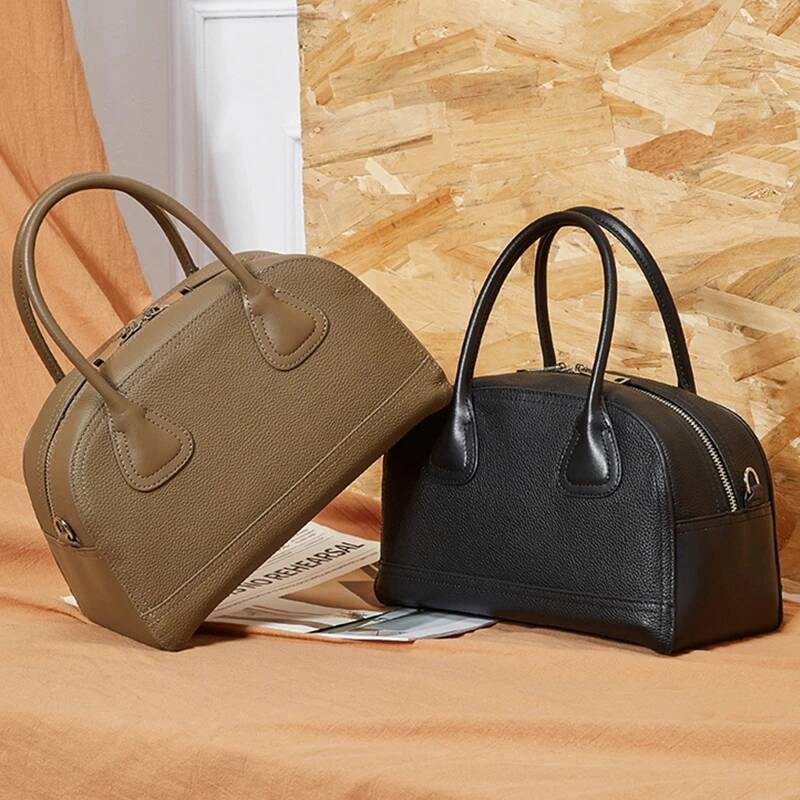 Burminsa Cowhide Genuine Leather Bowling Tote Handbags For Women 2025 Trend Designer Shell Work Ladies Shoulder Crossbody Bags