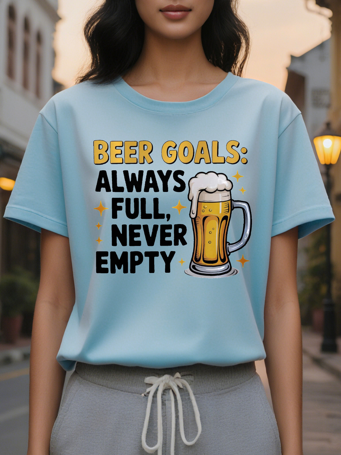 Women's Fun Lover T-shirt Beer Goal Always Full Never Empty Slogan Mug Pattern White Casual Round Neck Summer Top