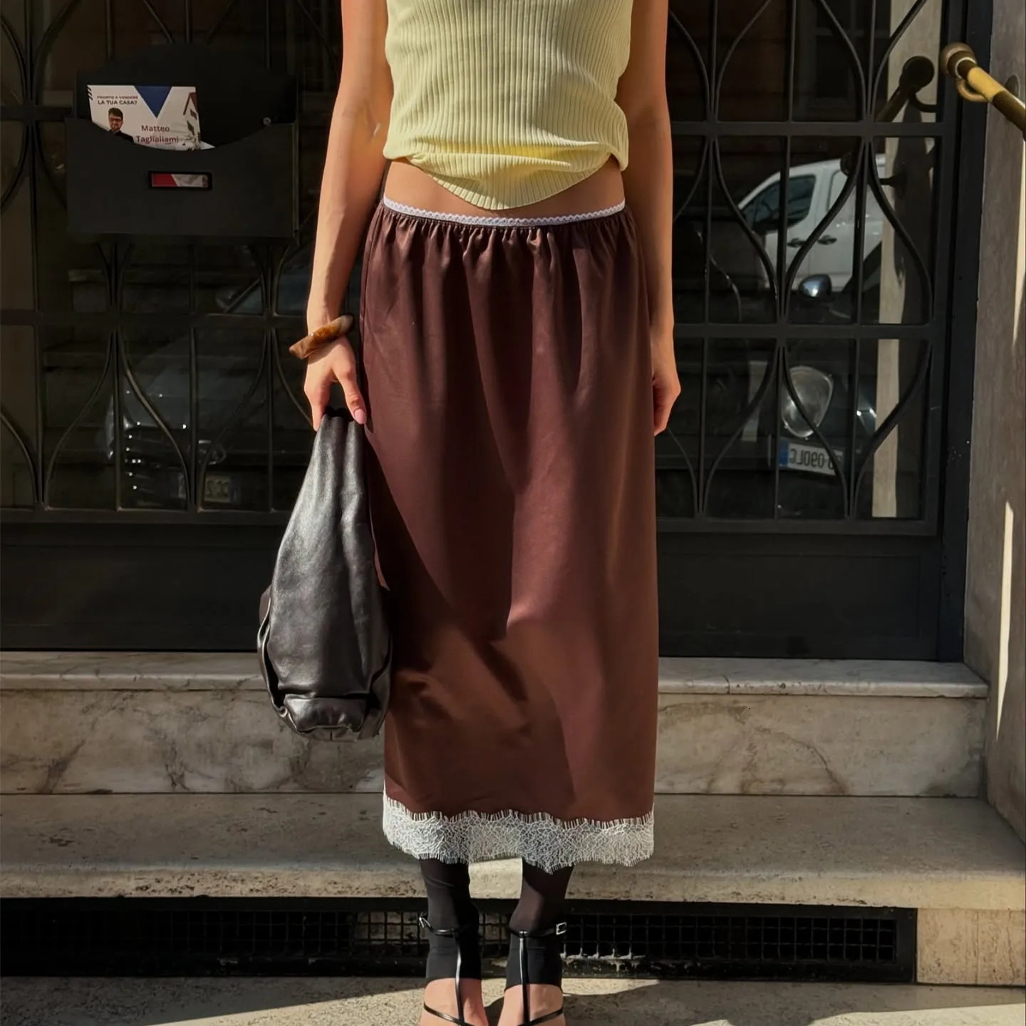 hirigin Women Half Slip Long Skirts Lace Trim Satin Midi Skirt A Line Flowy Silky Maxi Skirt for Under Dress Y2K Streetwear 250903