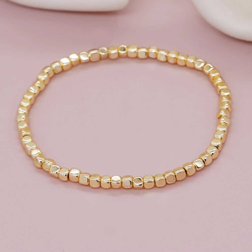 1PC Square Hematite Stone Bracelets Golden Beaded Stacking Elastic Stretch Handmade Fashion Unisex Jewelry Haii TrenXJ250904