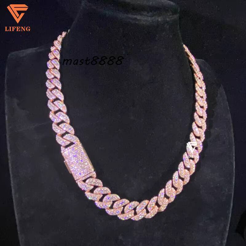 Rose Gold Plated 14mm VVS Moissanite Diamond Cuban Link Chain Hip Hop Jewelry Iced Out Cuban Necklace for Men 925 Silver Chain
