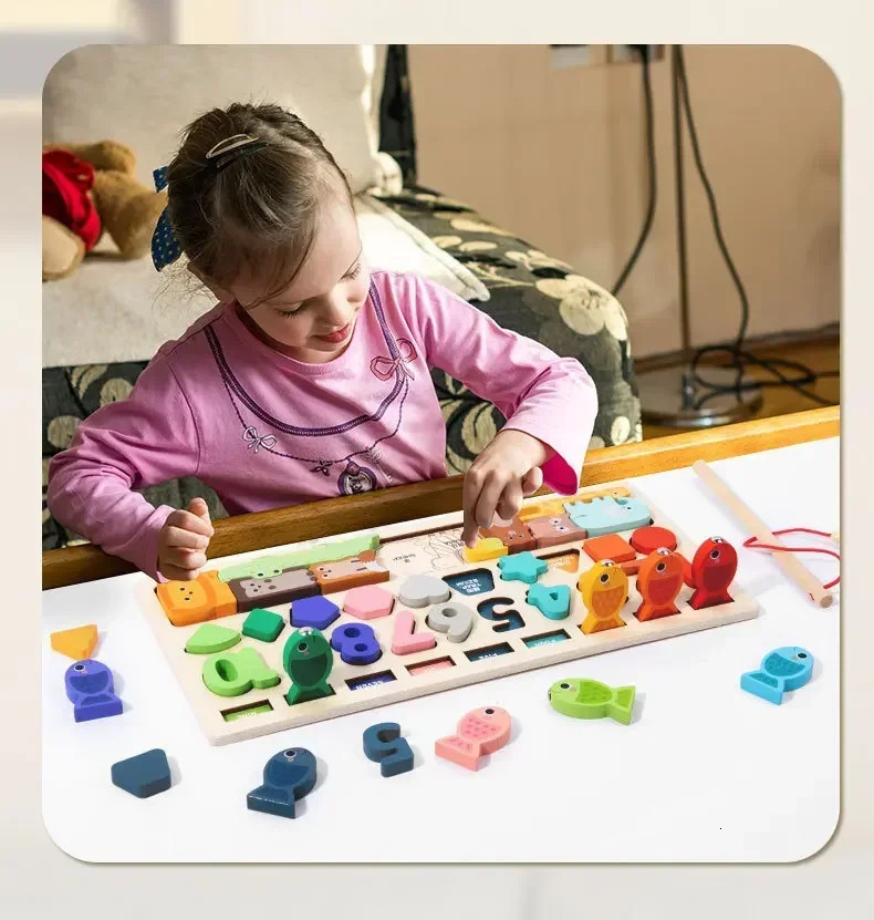 Kids Montessori Math Toys for Toddlers Educational Wooden Puzzle Fishing Toys Count Number Shape Matching Sorter Games Board Toy 250903