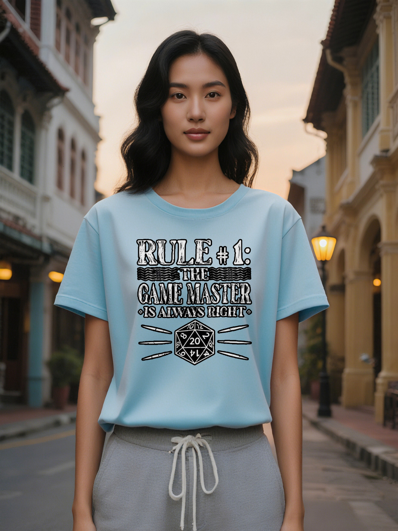 Large XL Lady Casual Graphic T-Shirt Rule Game Master Design with D Dice Wavy Lines Print BlackWhite Gaming Tee Tabletop Plus Size