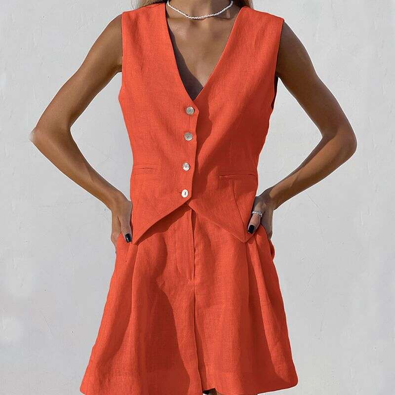 Women's Cotton And Linen Suit Women's Summer Casual Sleeveless Vest Shorts Two-Piece Set