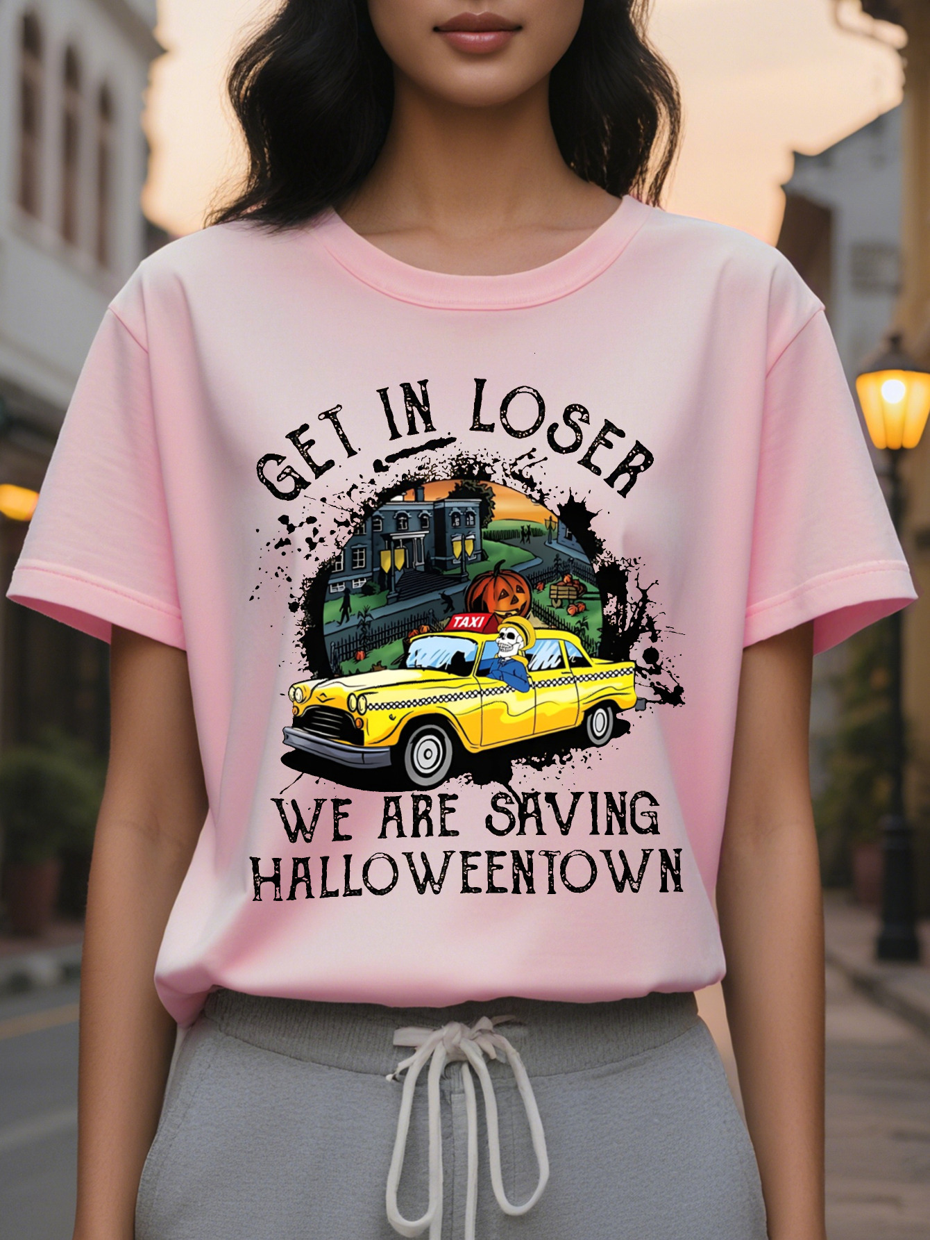 Halloween Printed Women's Spring and Summer Fitted Round Neck T-Shirt