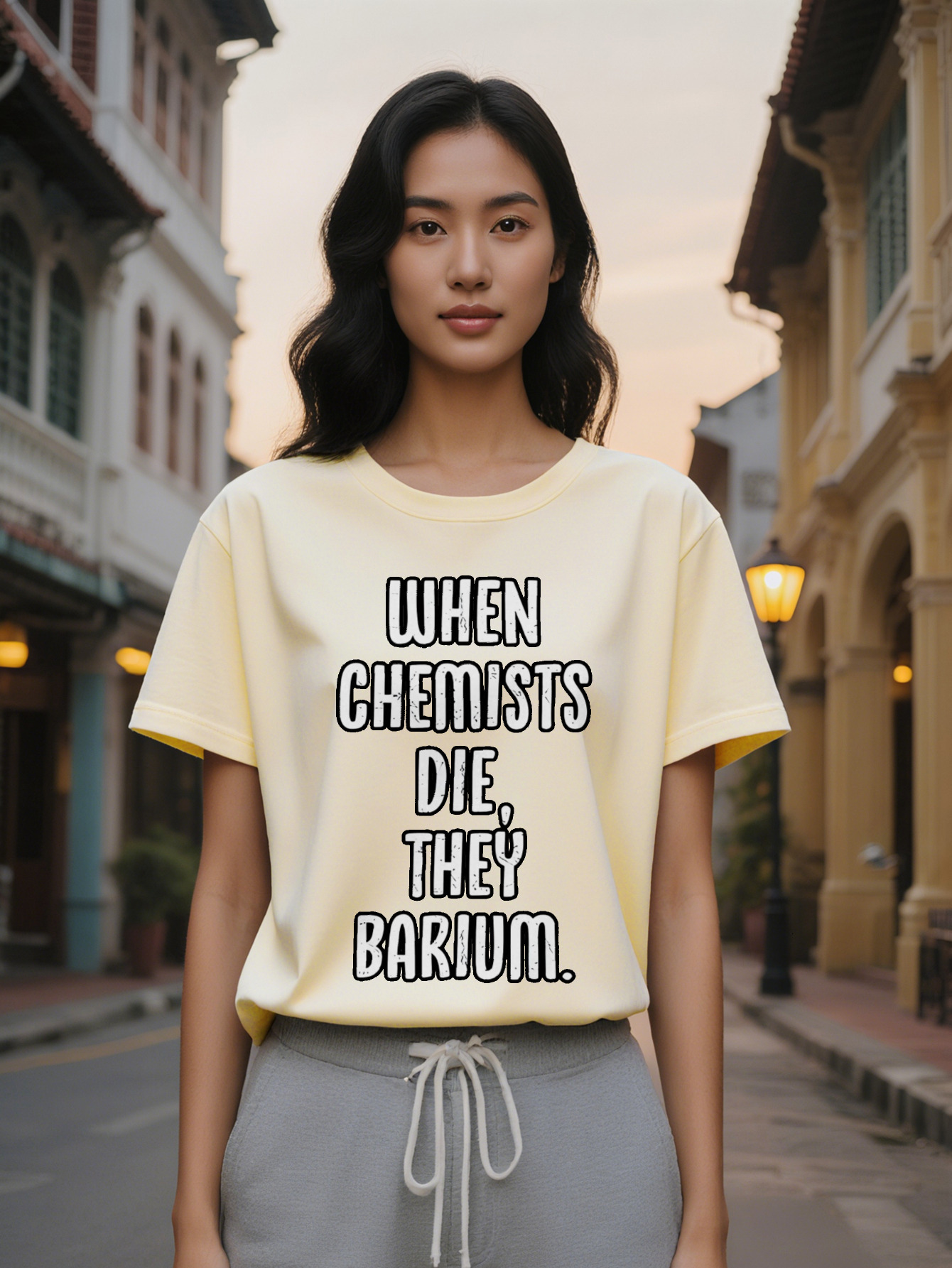 Lady Black Casual Crew Neck T-Shirt with Bold White Letter Print When Chemists Die They Barium Design Summer